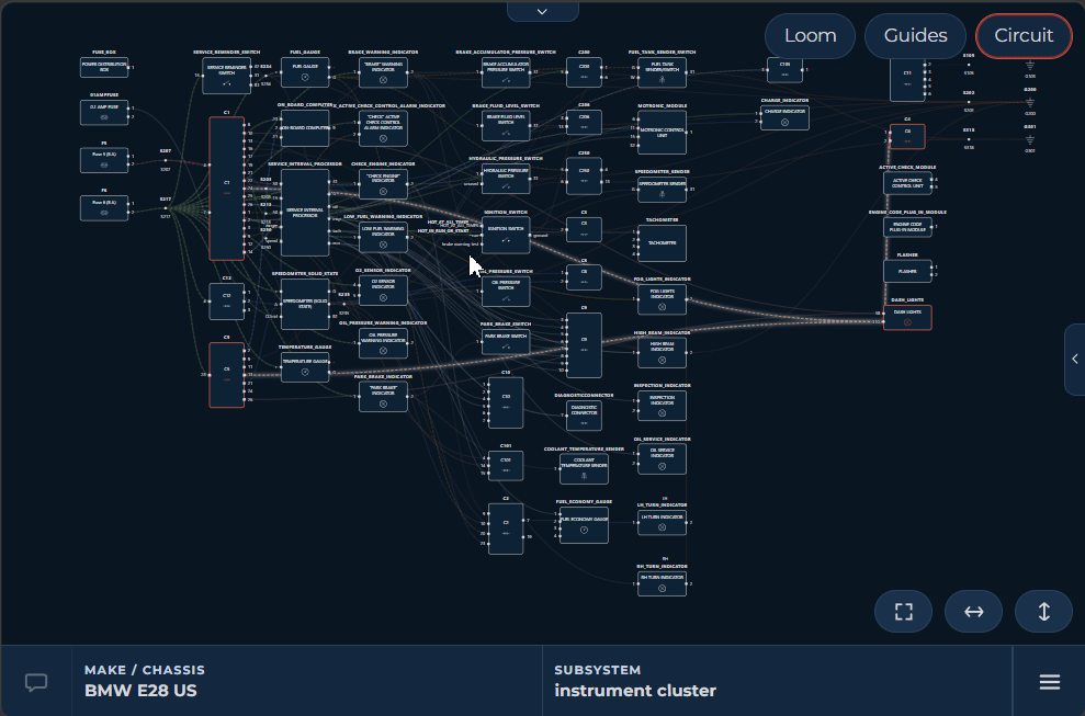 The same instrument cluster as an interactive circuit, with loom, guides, and circuit views.